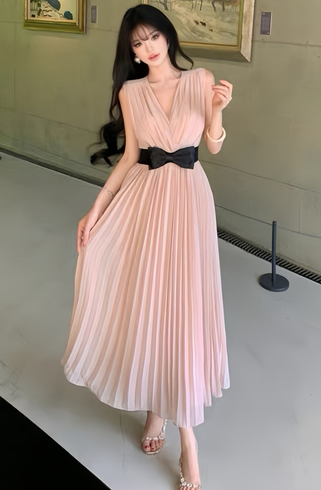 【dress】リボンプリーツロングワンピース　K0601