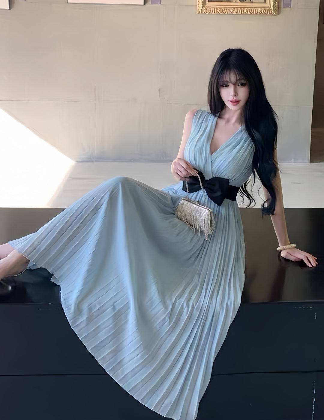 【dress】リボンプリーツロングワンピース　K0601