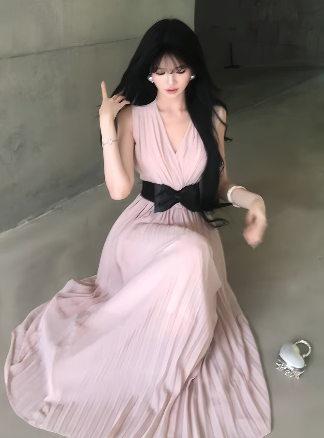 【dress】リボンプリーツロングワンピース　K0601