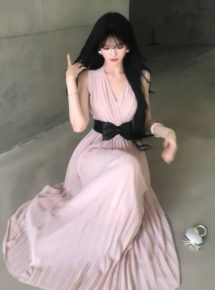 【dress】リボンプリーツロングワンピース　K0601