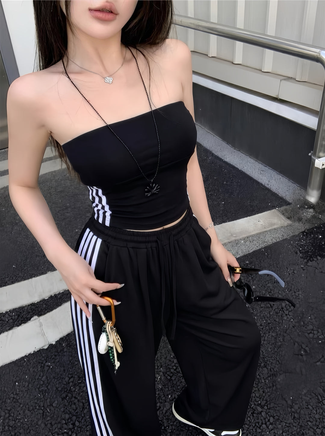 【set】ベアトップ×ワイドパンツセット   N3678