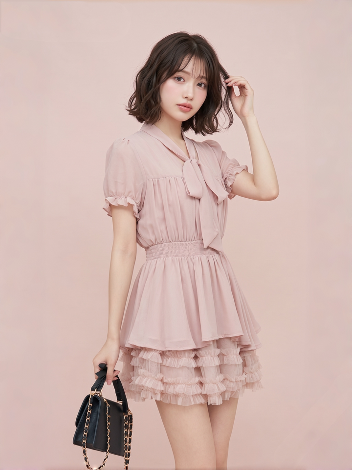【set】リボントップス×ティアードチュールスカートセット   N3682