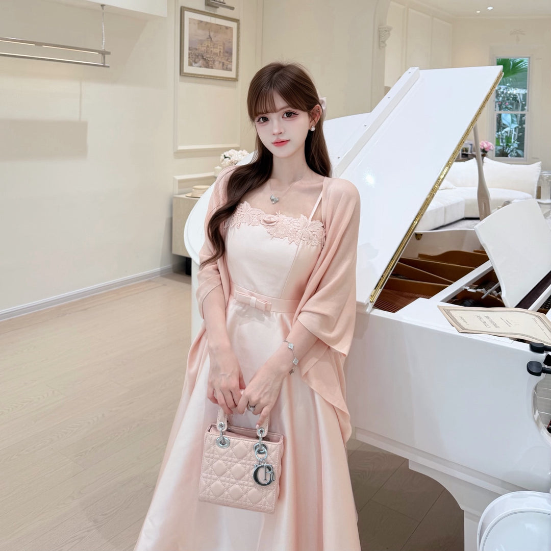 【dress】ウエストリボンレースドッキングキャミワンピース　N3684