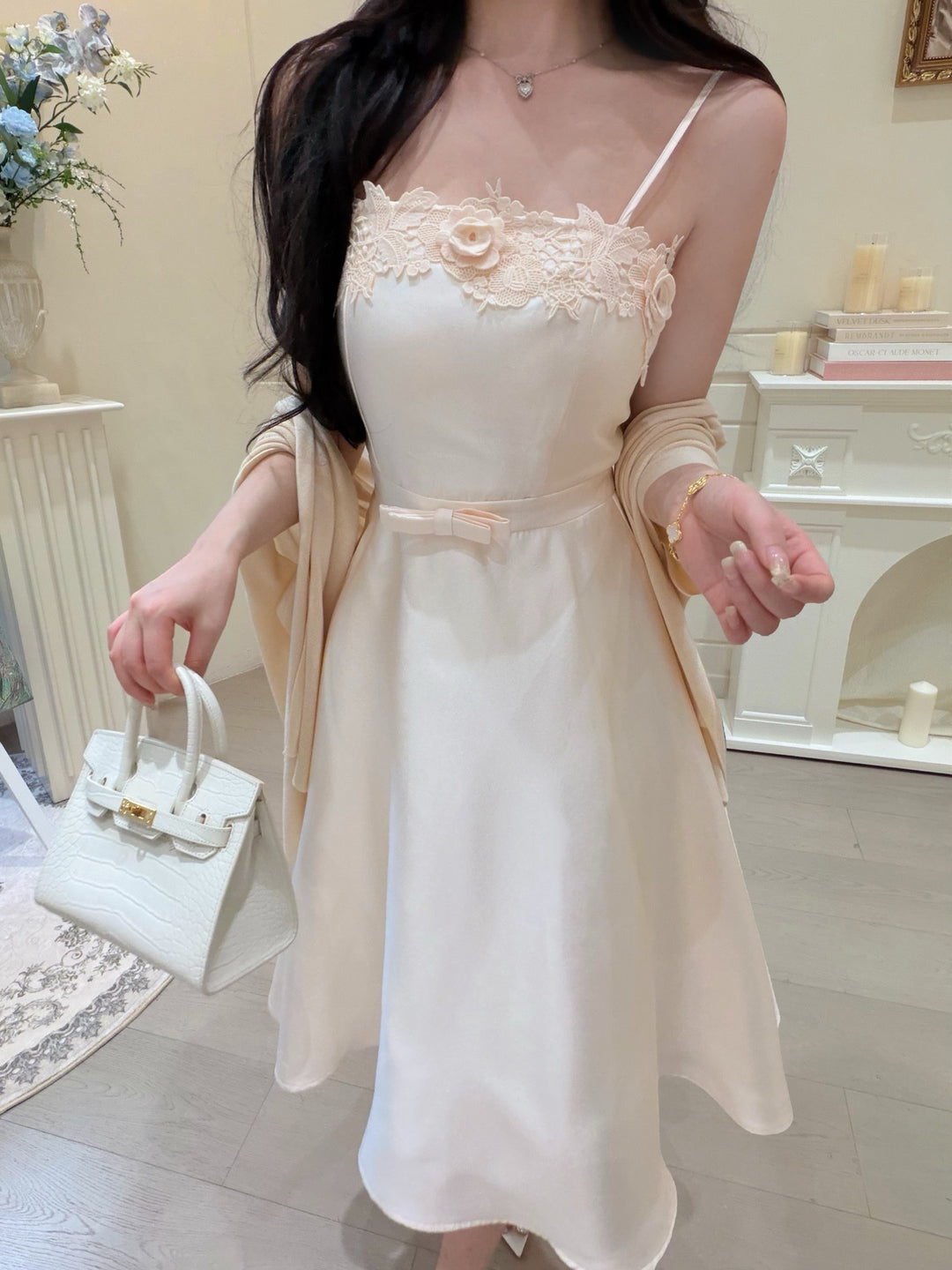 【dress】ウエストリボンレースドッキングキャミワンピース　N3684