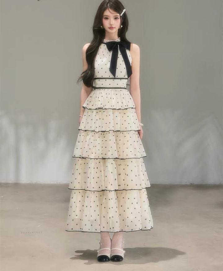 【dress】ドット柄リボンティアードロングワンピース　N3685