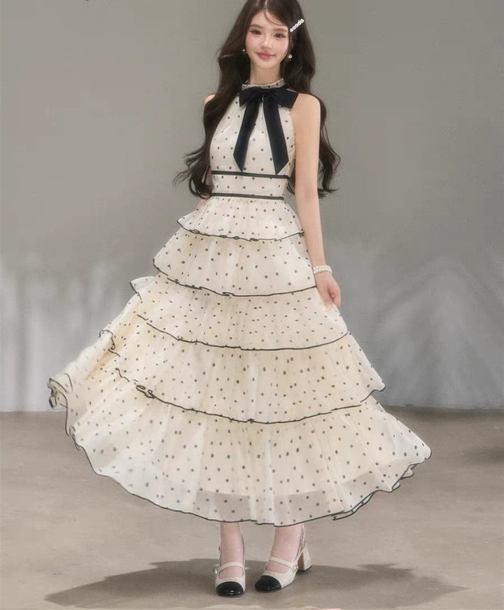 【dress】ドット柄リボンティアードロングワンピース　N3685