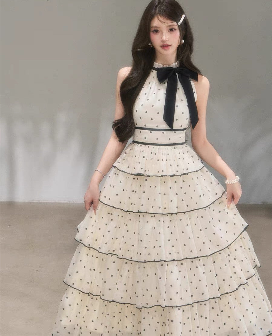 【dress】ドット柄リボンティアードロングワンピース　N3685