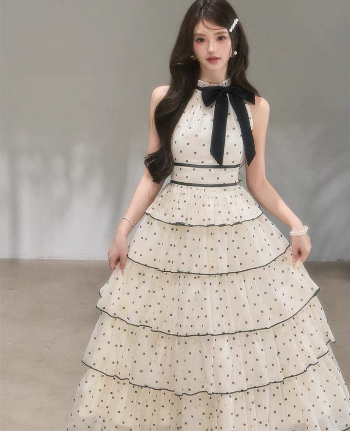 【dress】ドット柄リボンティアードロングワンピース　N3685