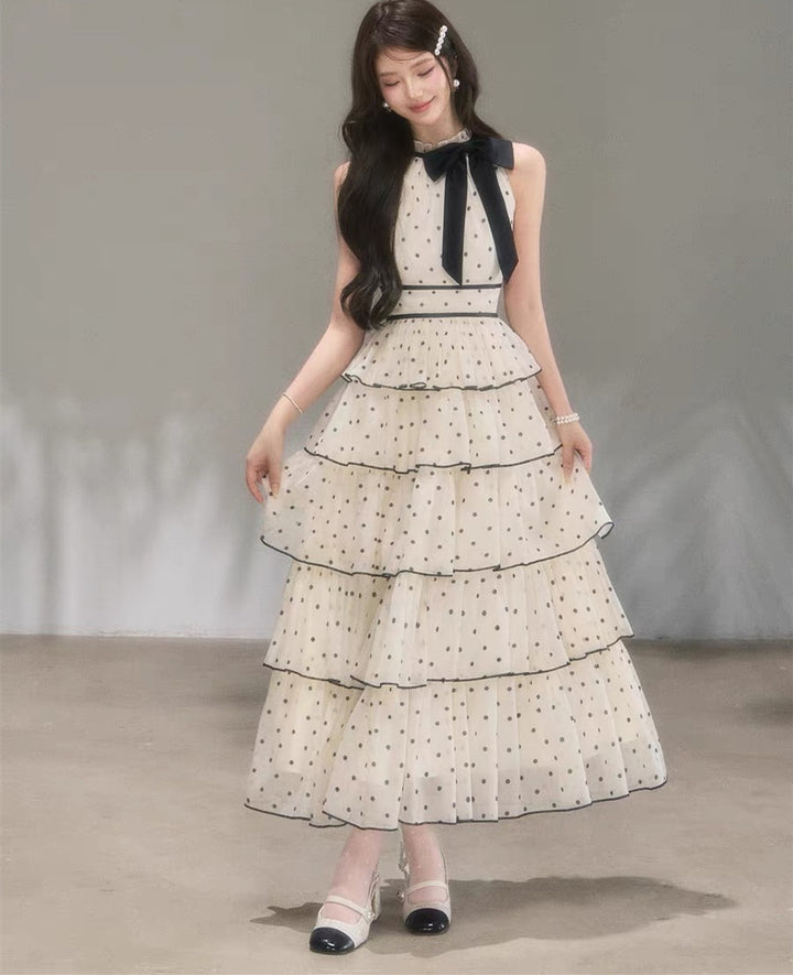 【dress】ドット柄リボンティアードロングワンピース　N3685