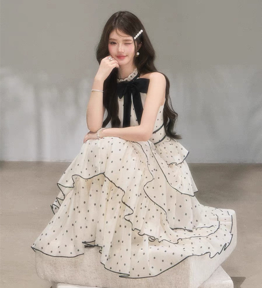 【dress】ドット柄リボンティアードロングワンピース　N3685