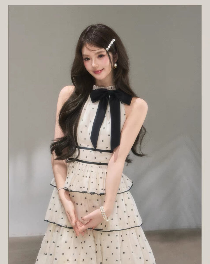 【dress】ドット柄リボンティアードロングワンピース　N3685