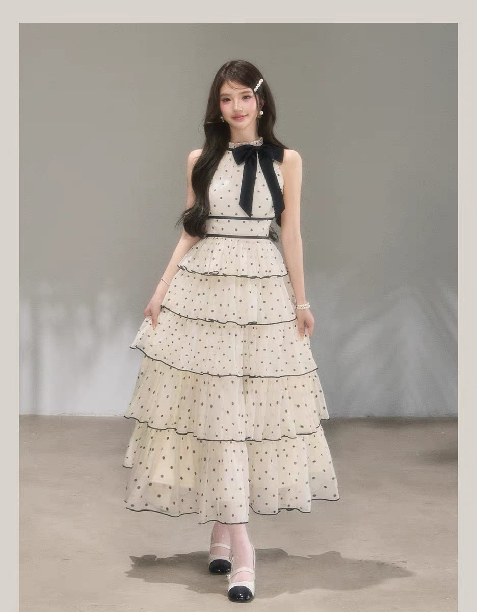 【dress】ドット柄リボンティアードロングワンピース　N3685
