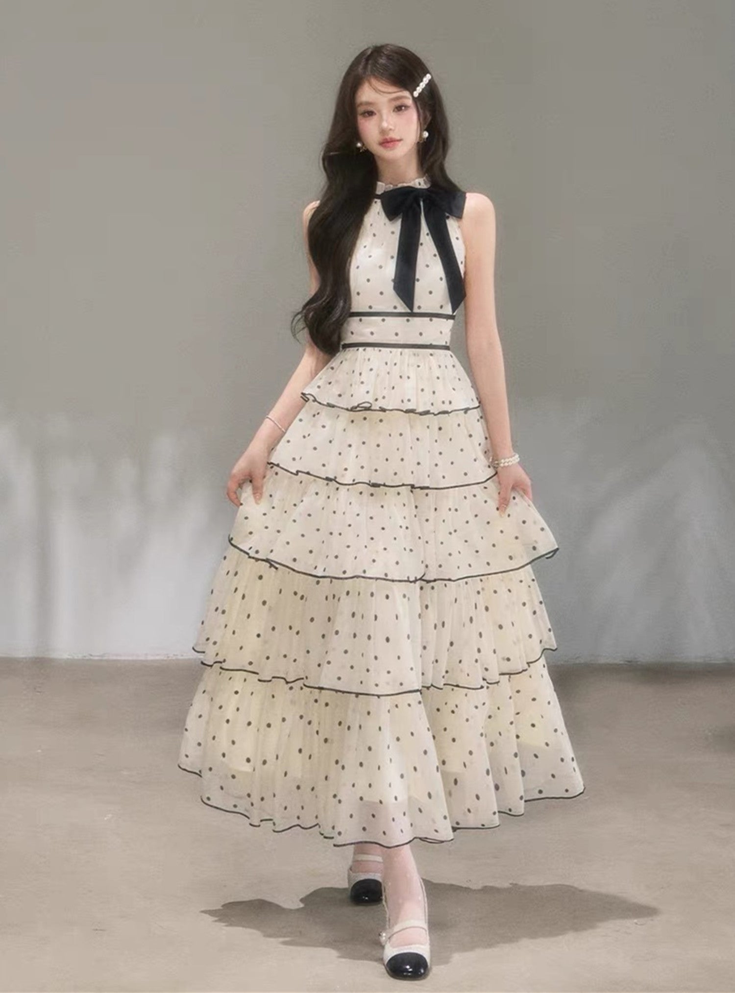 dress】ドット柄リボンティアードロングワンピース N3685 – NANASTYLE