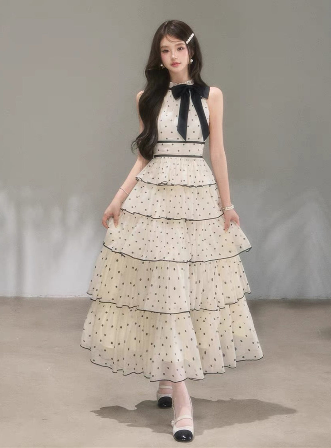 【dress】ドット柄リボンティアードロングワンピース　N3685