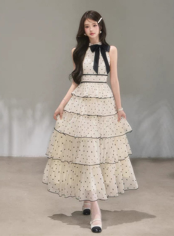 【dress】ドット柄リボンティアードロングワンピース　N3685