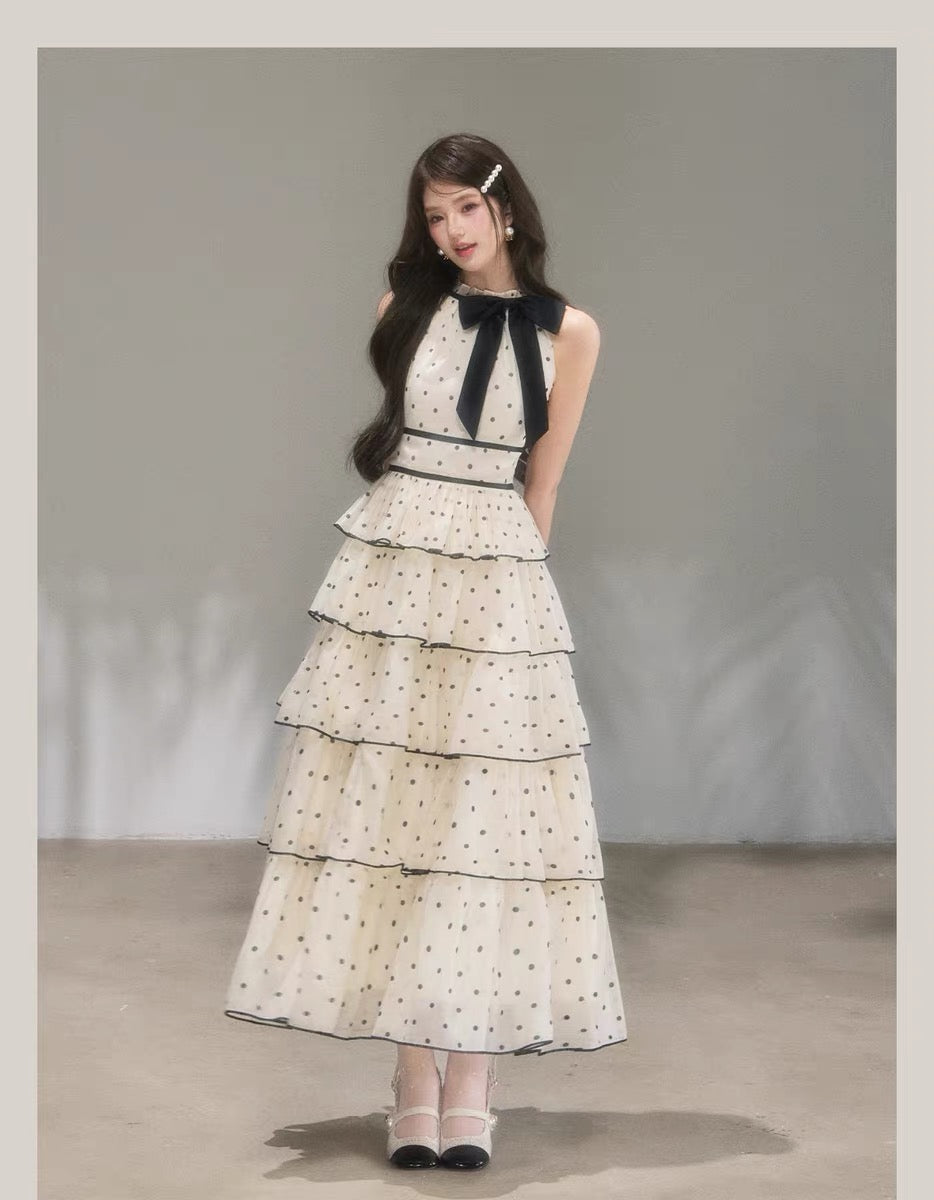 【dress】ドット柄リボンティアードロングワンピース　N3685