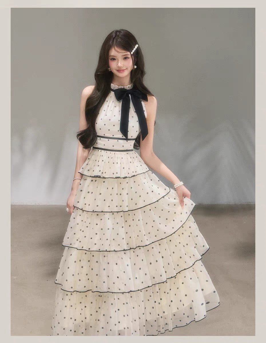 【dress】ドット柄リボンティアードロングワンピース　N3685