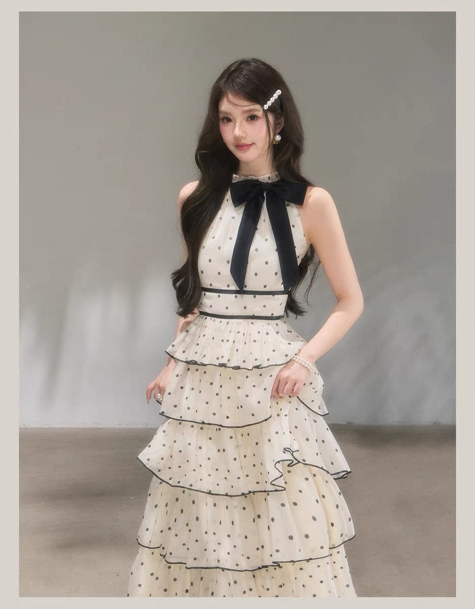 【dress】ドット柄リボンティアードロングワンピース　N3685
