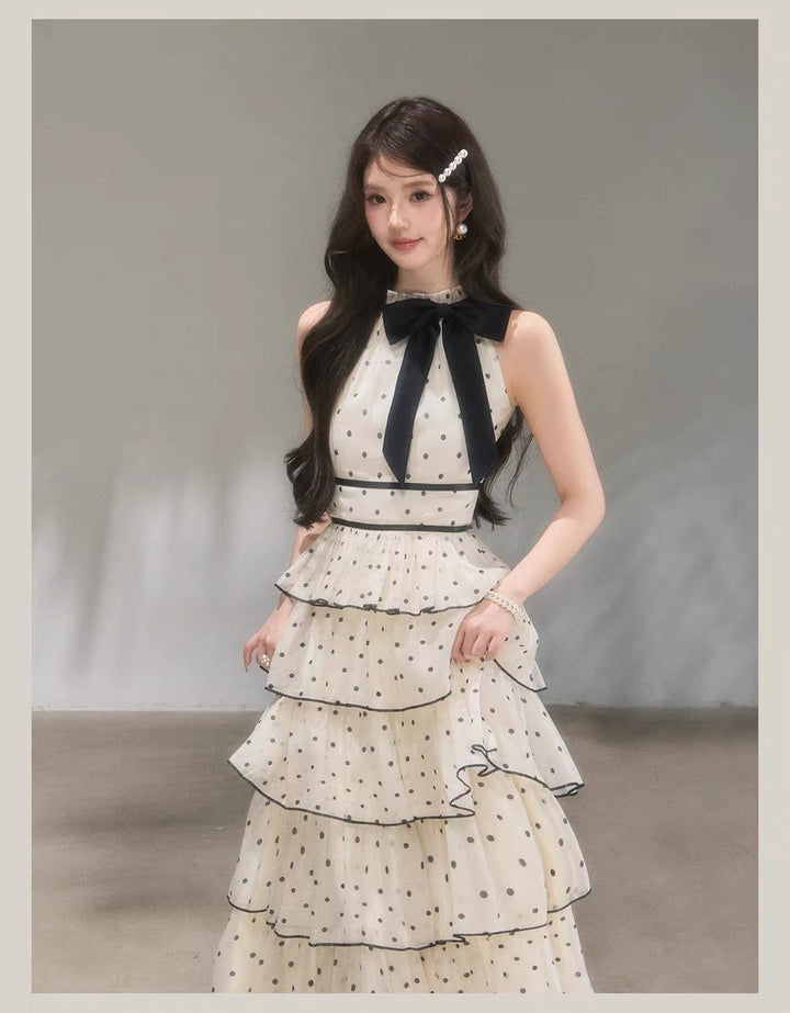 【dress】ドット柄リボンティアードロングワンピース　N3685