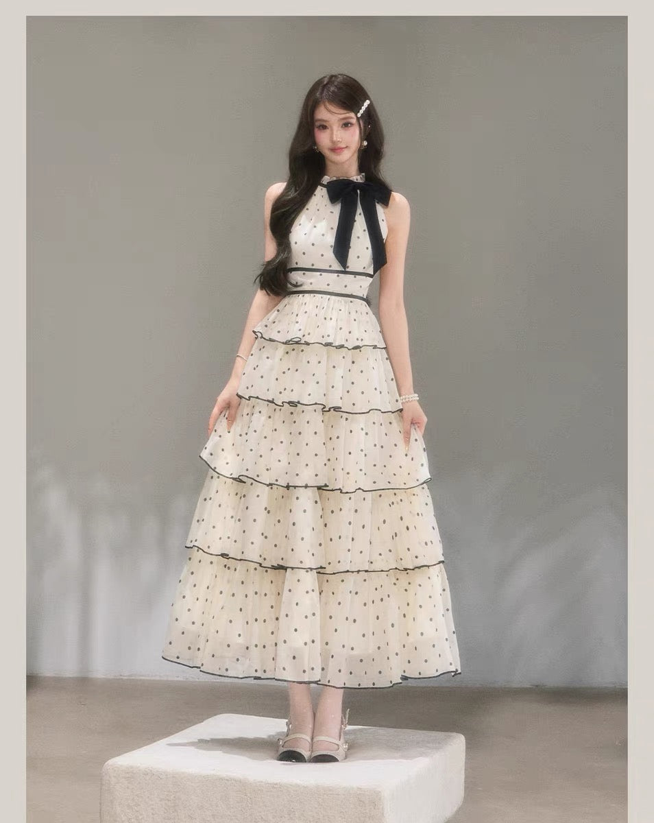 【dress】ドット柄リボンティアードロングワンピース　N3685