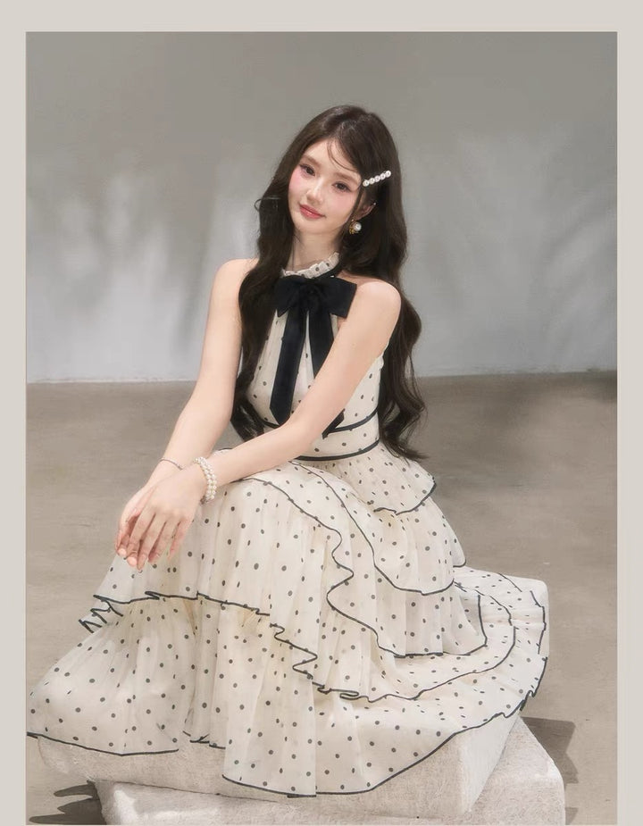 【dress】ドット柄リボンティアードロングワンピース　N3685