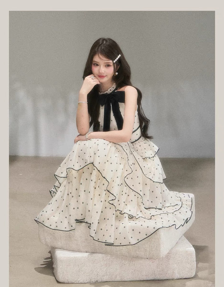 【dress】ドット柄リボンティアードロングワンピース　N3685