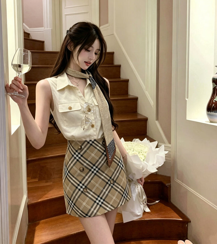 【set】スカーフ付きトップス×チェックスカートセット   N3689