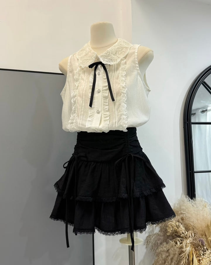 【set】フリルレースブラウス×ティアードスカートセット   N3692