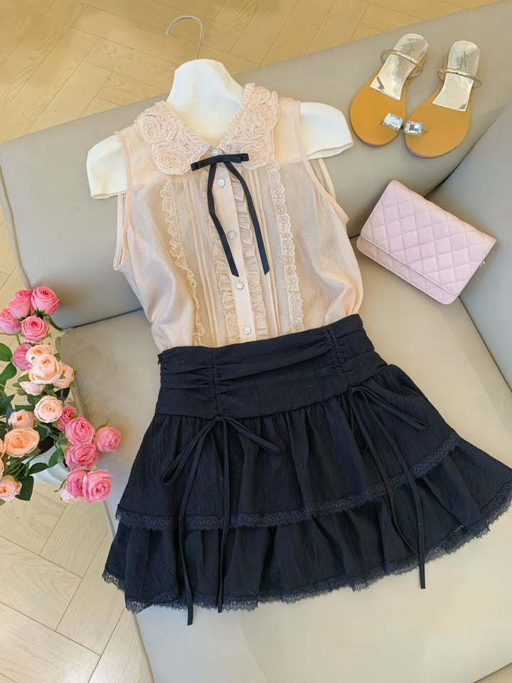 【set】フリルレースブラウス×ティアードスカートセット   N3692