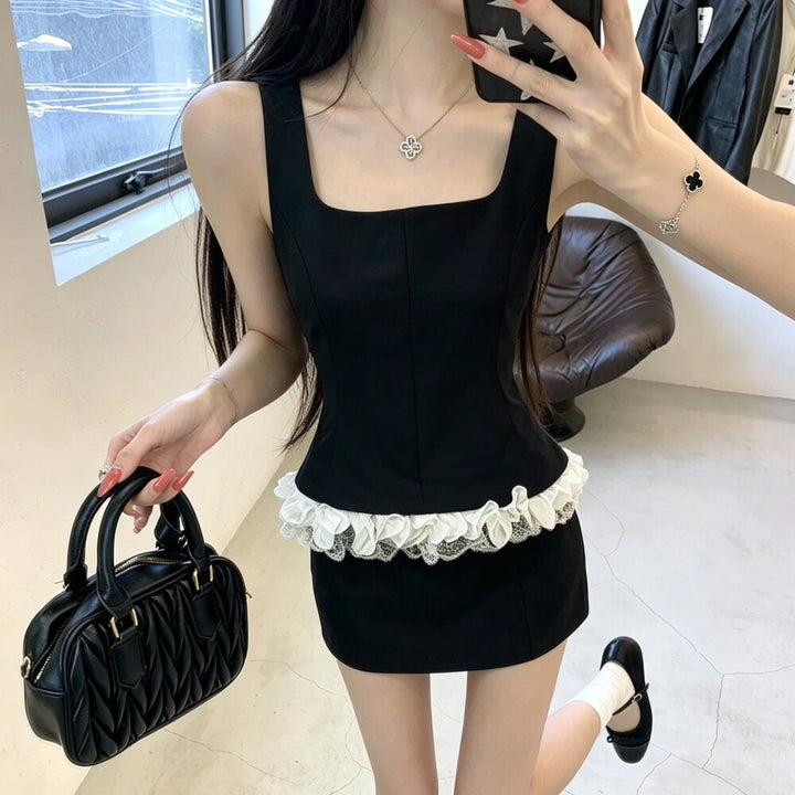 【set】レースフリルドッキングトップス×ミニスカートセット   N3693