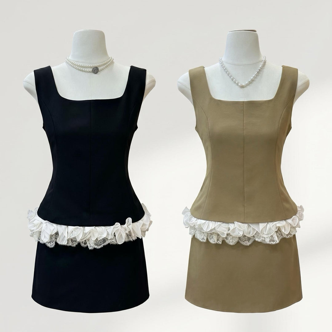 【set】レースフリルドッキングトップス×ミニスカートセット   N3693