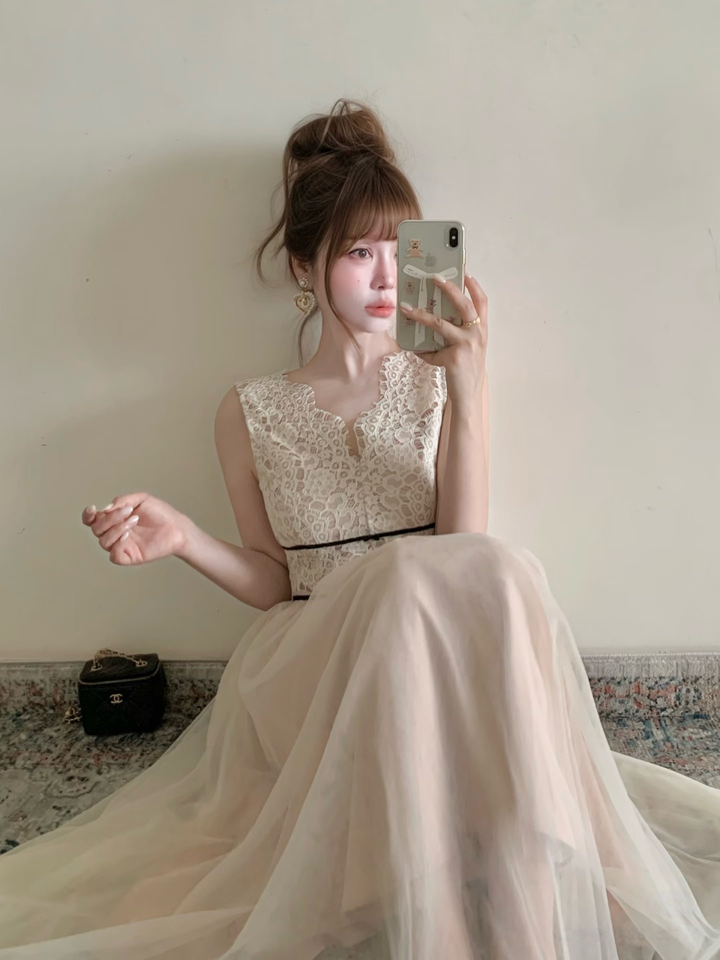 【dress】レースドッキングチュールワンピース　N3648