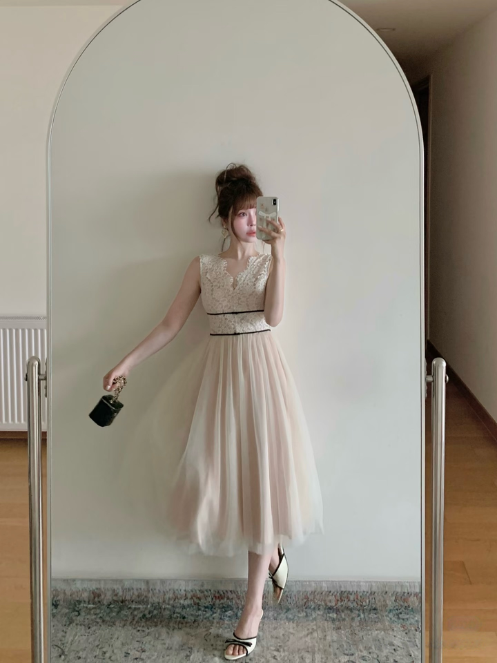 【dress】レースドッキングチュールワンピース　N3648