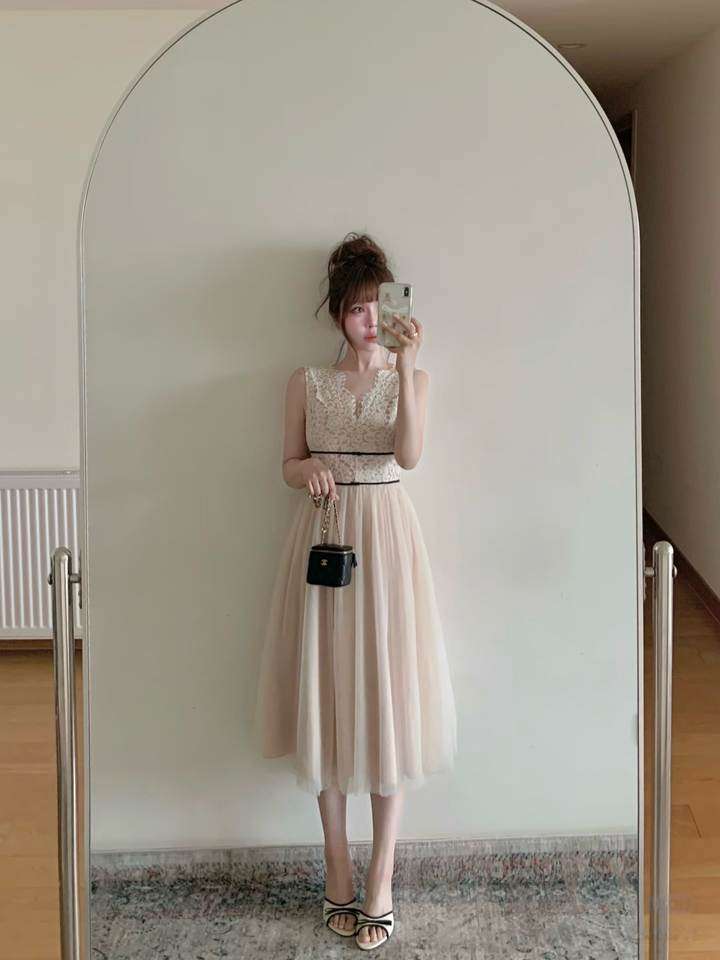 【dress】レースドッキングチュールワンピース　N3648