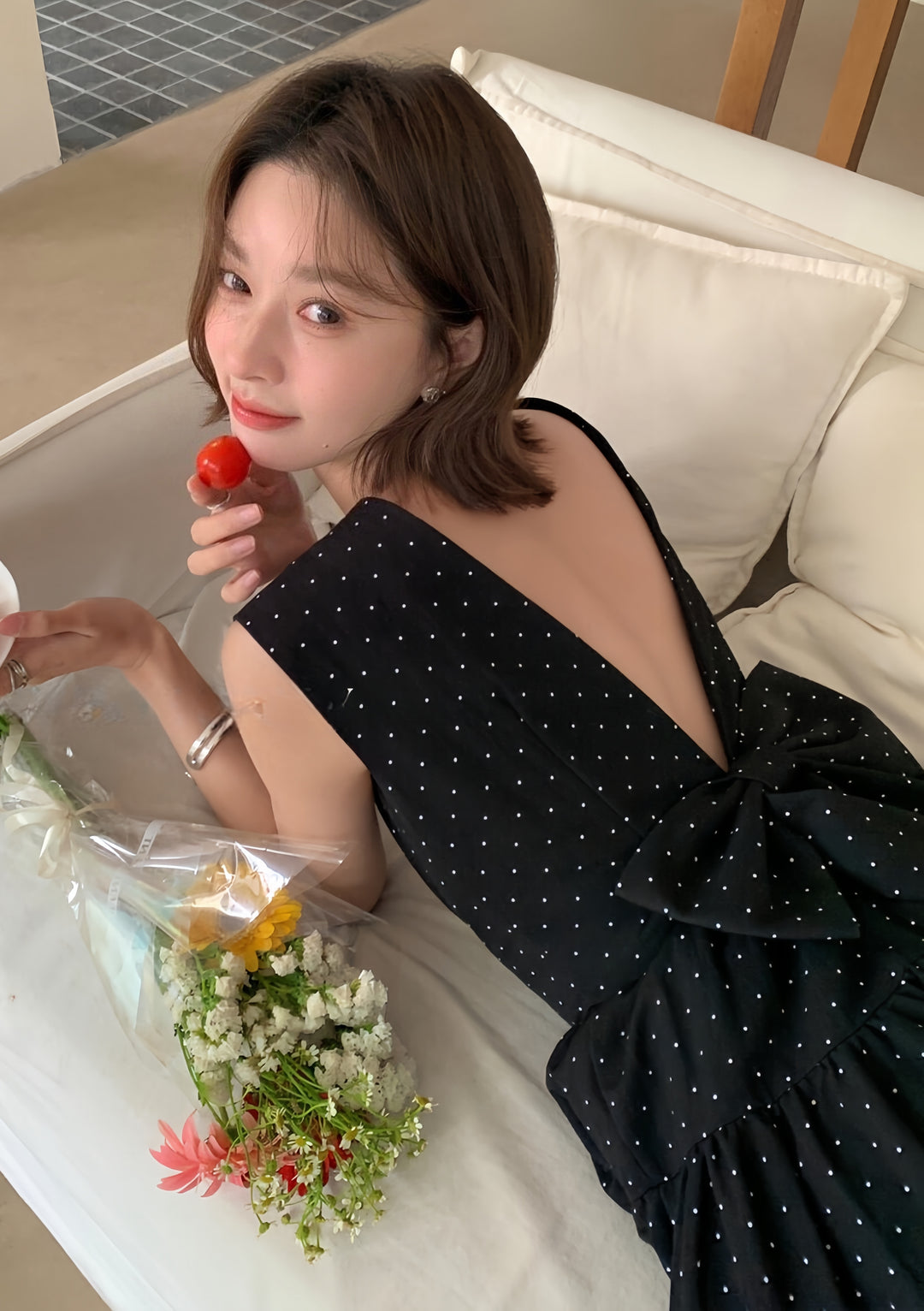 【dress】バックリボンドットミニワンピース　K0611