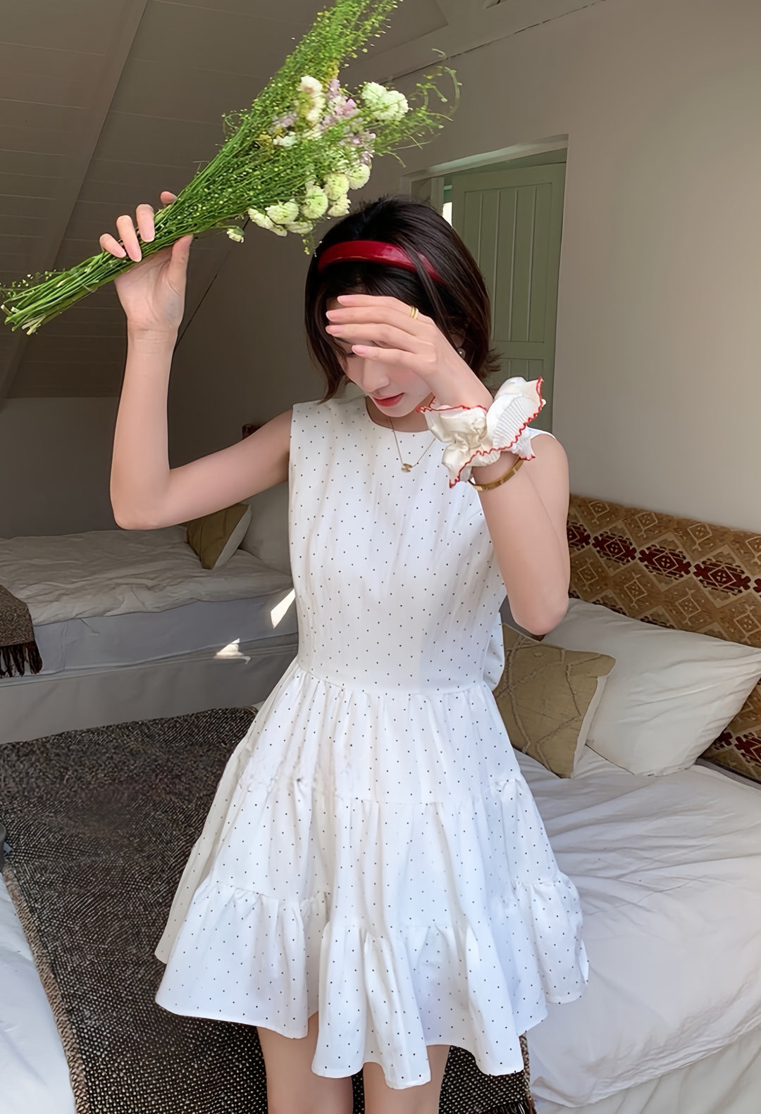 【dress】バックリボンドットミニワンピース　K0611