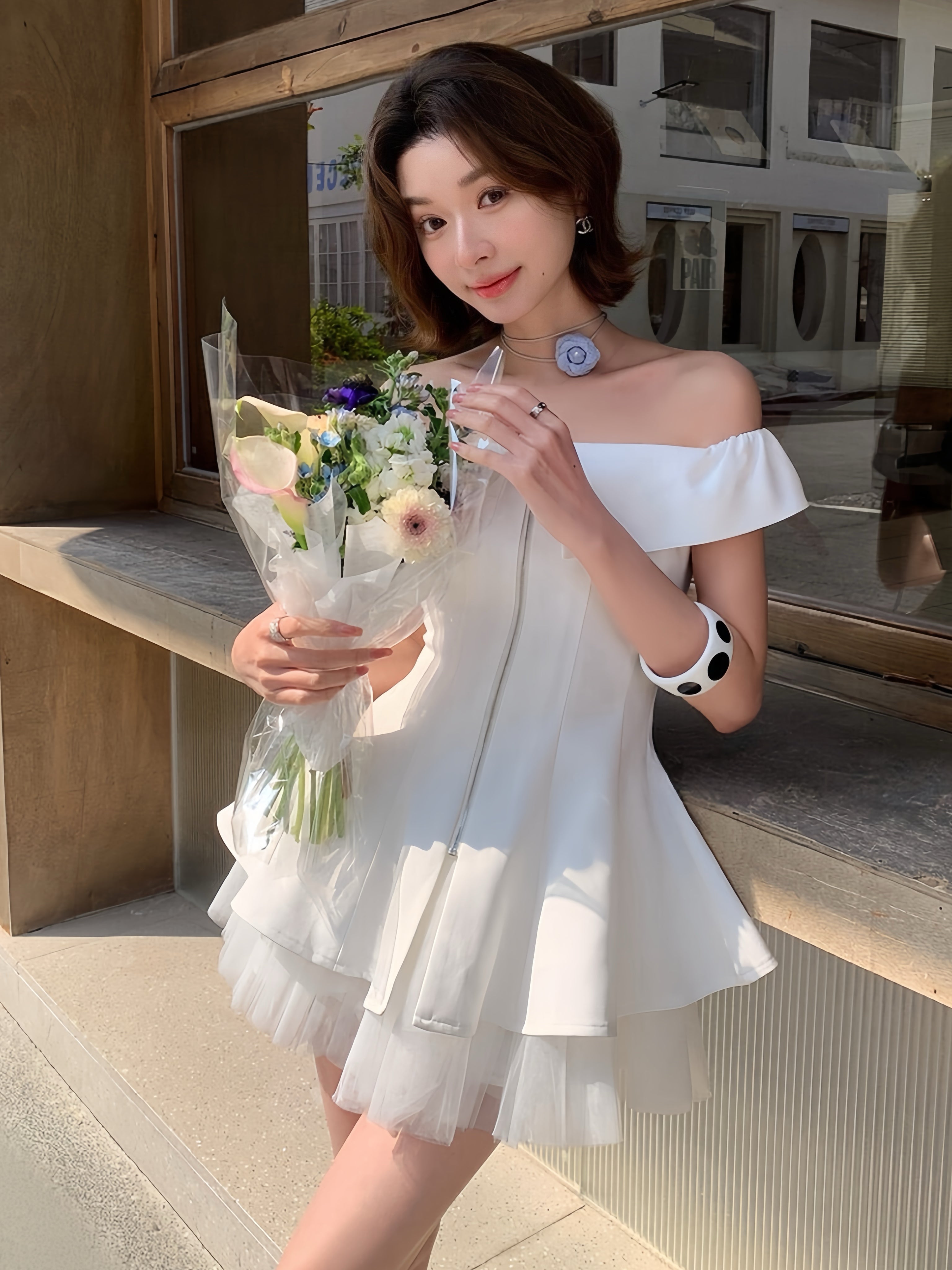 set】オフショルダートップス×チュールミニスカートセット Q8676