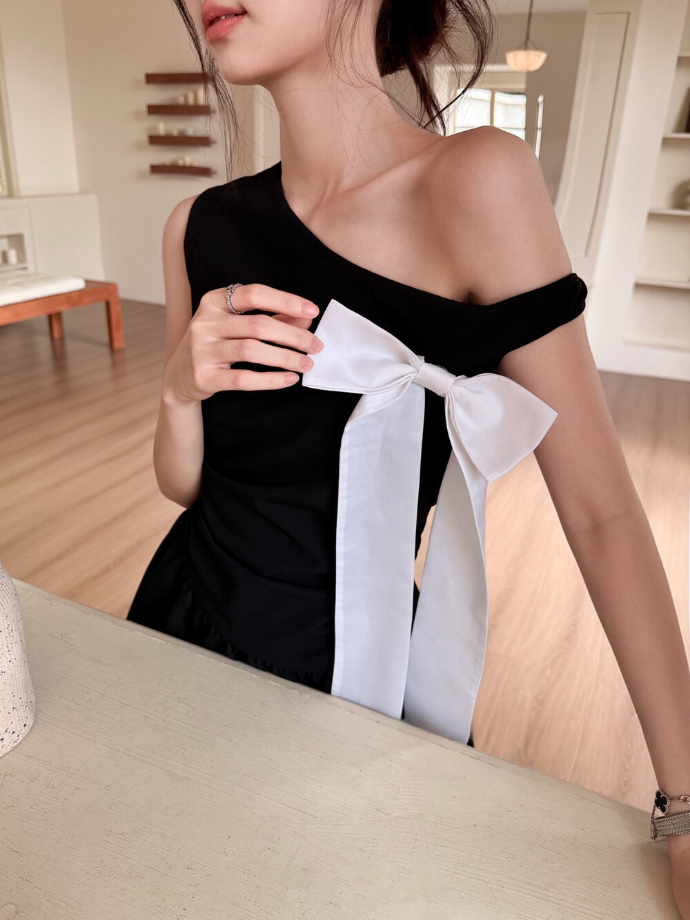 【dress】ワンショルダーリボンミニワンピース　N3697