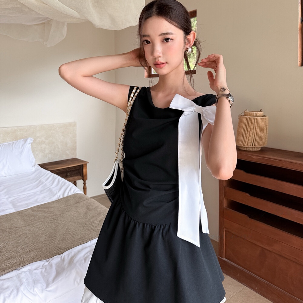 【dress】ワンショルダーリボンミニワンピース　N3697