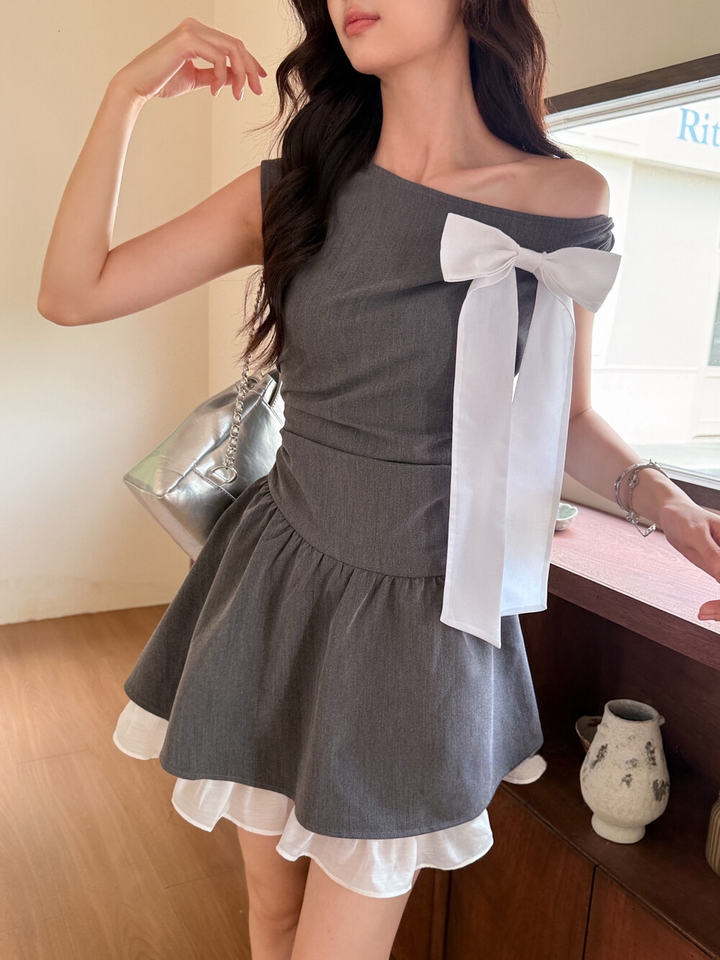 【dress】ワンショルダーリボンミニワンピース　N3697
