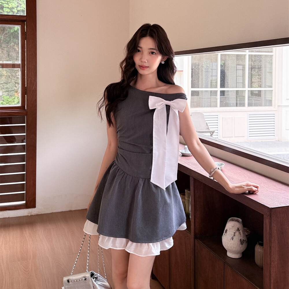 【dress】ワンショルダーリボンミニワンピース　N3697