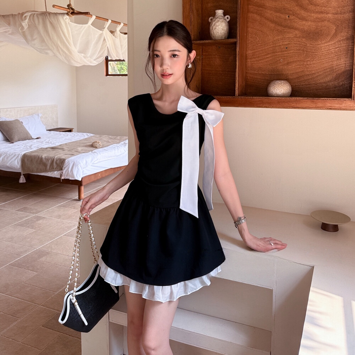 【dress】ワンショルダーリボンミニワンピース　N3697