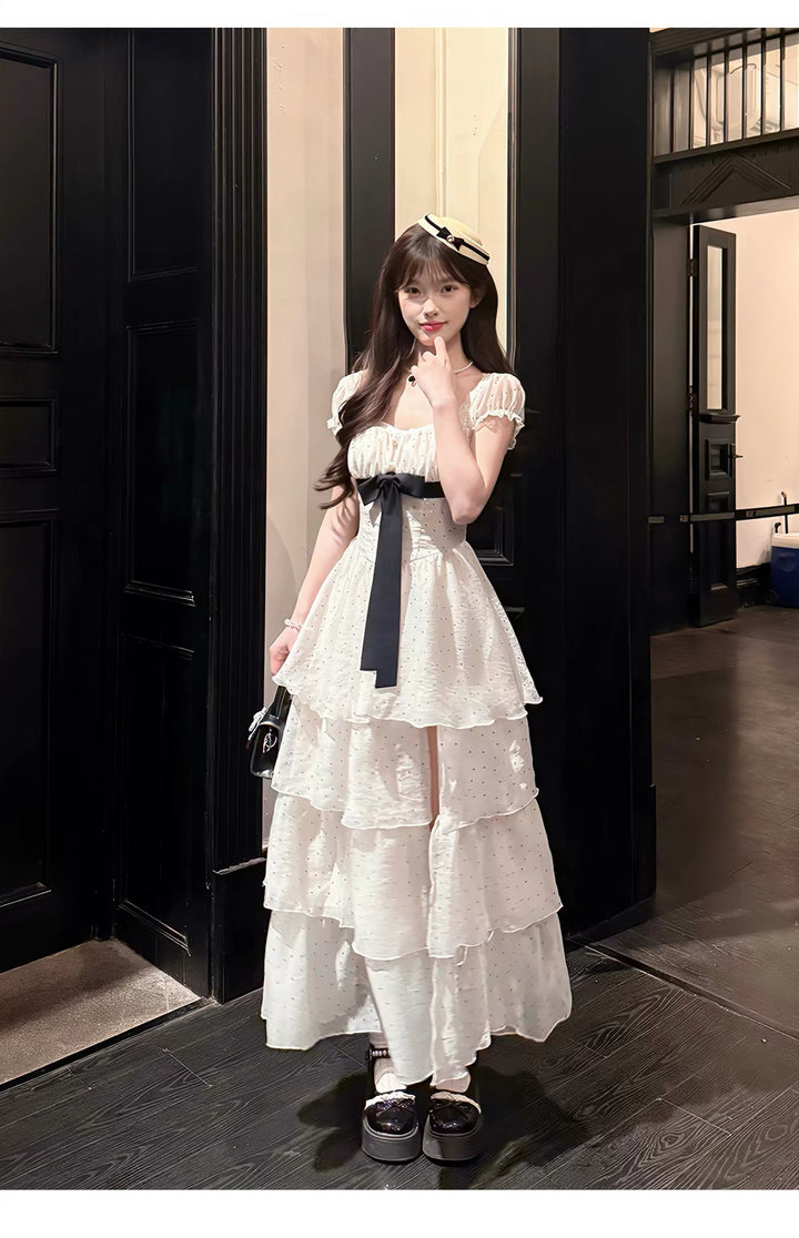 【dress】ドットビッグリボングティアードワンピース Q8540