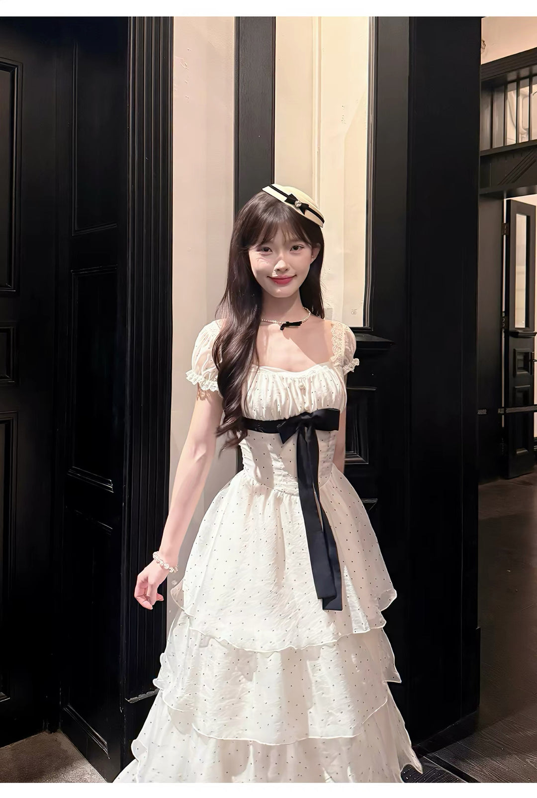 【dress】ドットビッグリボングティアードワンピース Q8540