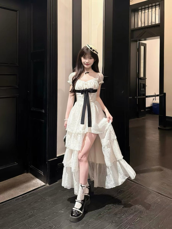 【dress】ドットビッグリボングティアードワンピース Q8540