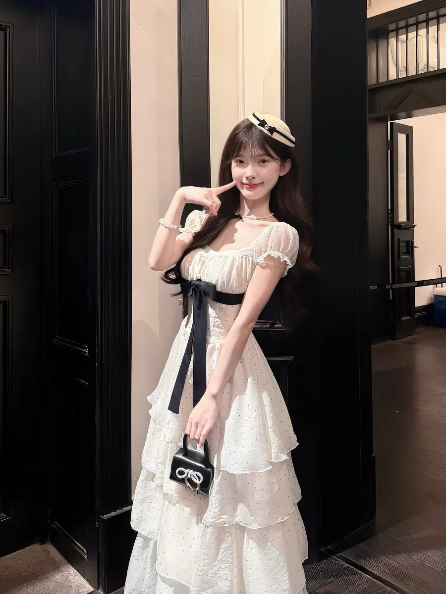 【dress】ドットビッグリボングティアードワンピース Q8540