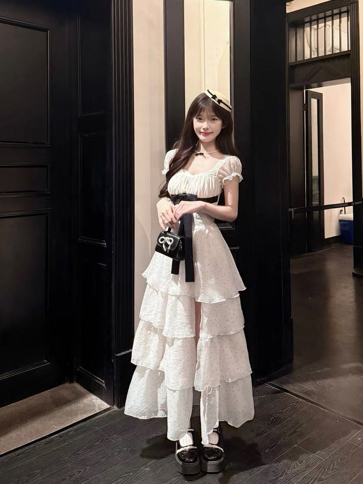 【dress】ドットビッグリボングティアードワンピース Q8540