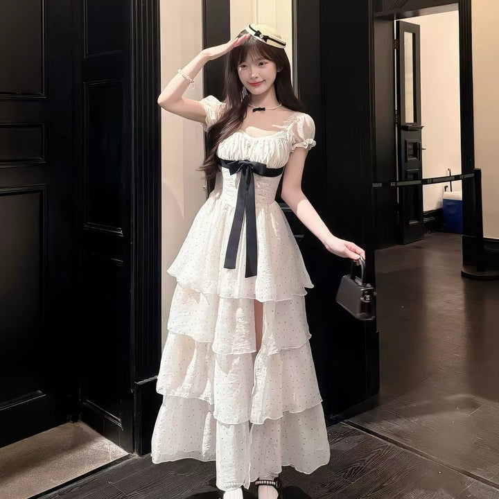 【dress】ドットビッグリボングティアードワンピース Q8540