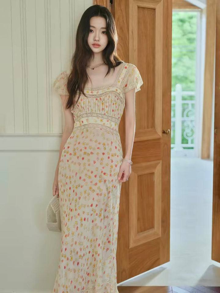 【dress】レースドッキングフラワープリントロングワンピース　N3703