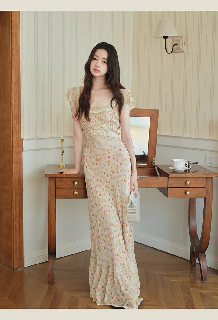 【dress】レースドッキングフラワープリントロングワンピース　N3703